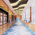 Luxury Corridor With Wooden Walls Wavy Chandeliers And Blue Wave Carpet