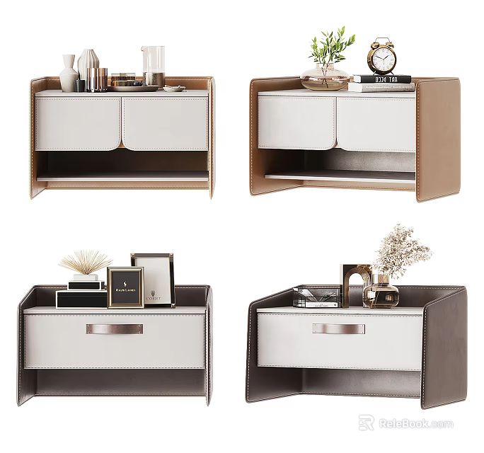 Modern Bedside Table Design With Vase Photo Frame Clock And Leather Wood Finish 3d model 