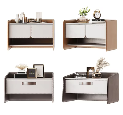 Modern Bedside Table Design With Vase Photo Frame Clock And Leather Wood Finish 3d model