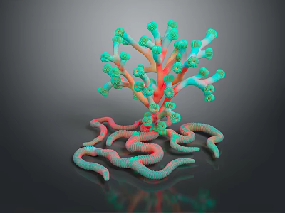 Vibrant Abstract 3D Structure With Green Red Branching And Coiled Curved Parts 3d model