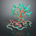 Vibrant Abstract 3D Structure With Green Red Branching And Coiled Curved Parts