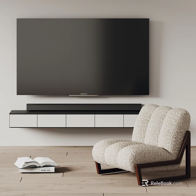 Modern Wall Mounted TV with Sleek TV Cabinet and Cozy Armchair in Living Room 3d model 