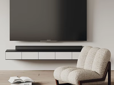 Modern Wall Mounted TV with Sleek TV Cabinet and Cozy Armchair in Living Room 3d model