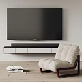 Modern Wall Mounted TV with Sleek TV Cabinet and Cozy Armchair in Living Room