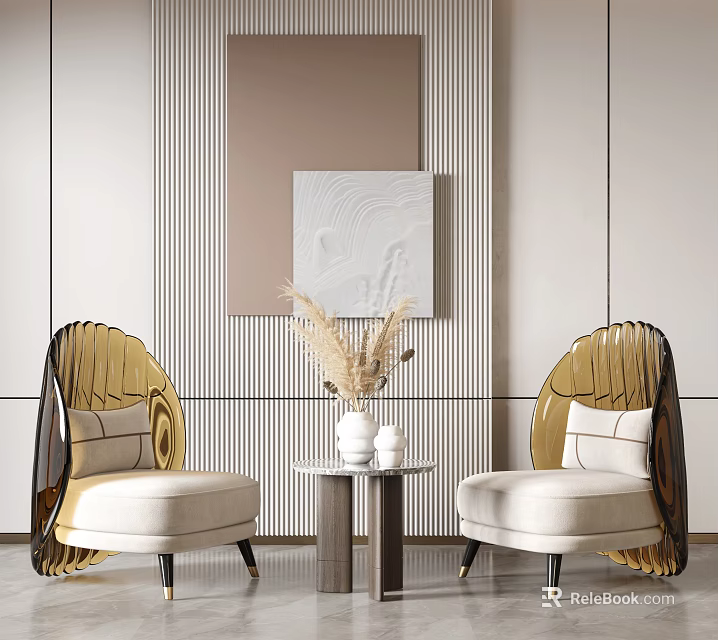 Leisure Sofa Set With Golden Frame Chairs Beige Cushions Coffee Table Striped Wall And Painting 3d model 