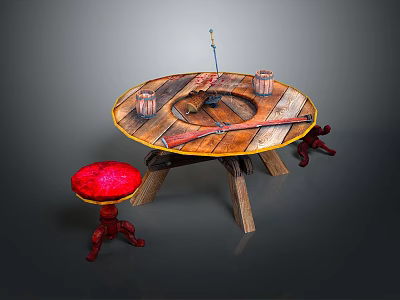 Rustic Round Wooden Table With Red Stool Cups Knife And Fishing Rod 3d model