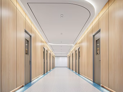 Modern Hospital Outpatient Corridor Interior With Wooden Walls Elevator Doors And LED Lighting 3d model