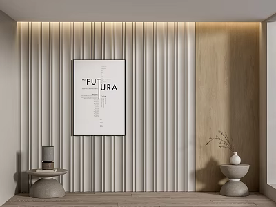 Modern Interior Featuring Vertical Striped Wall FUTURA Poster And Wooden Decorative Objects 3d model