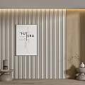 Modern Interior Featuring Vertical Striped Wall FUTURA Poster And Wooden Decorative Objects