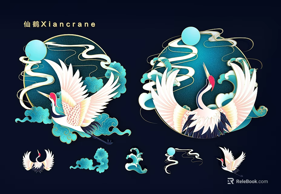 Traditional Chinese Style Wall Decor Featuring Crane Motifs Clouds And Moon Design Elements 3d model