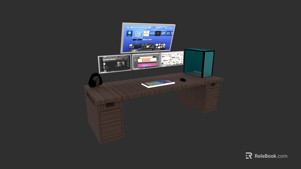 Modern Wooden Office Desk With Multiple Monitors Headphones Keyboard And Mouse 3d model 