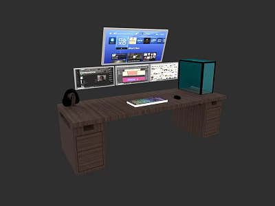 Modern Wooden Office Desk With Multiple Monitors Headphones Keyboard And Mouse 3d model