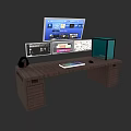Modern Wooden Office Desk With Multiple Monitors Headphones Keyboard And Mouse