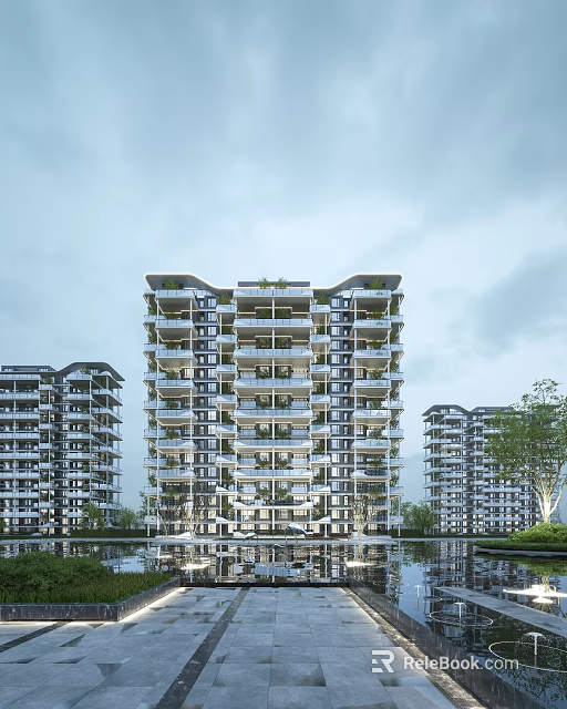 Modern High Rise Residential Building With Multiple Balconies Water Pool And Green Plants 3d model 
