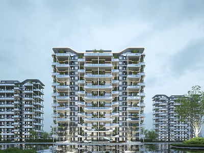 Modern High Rise Residential Building With Multiple Balconies Water Pool And Green Plants 3d model