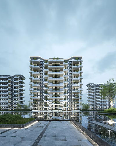 Modern High Rise Residential Building With Multiple Balconies Water Pool And Green Plants 3d model