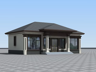 One Story Single Family Detached House With Dark Roof Light Exterior And Large Windows 3d model