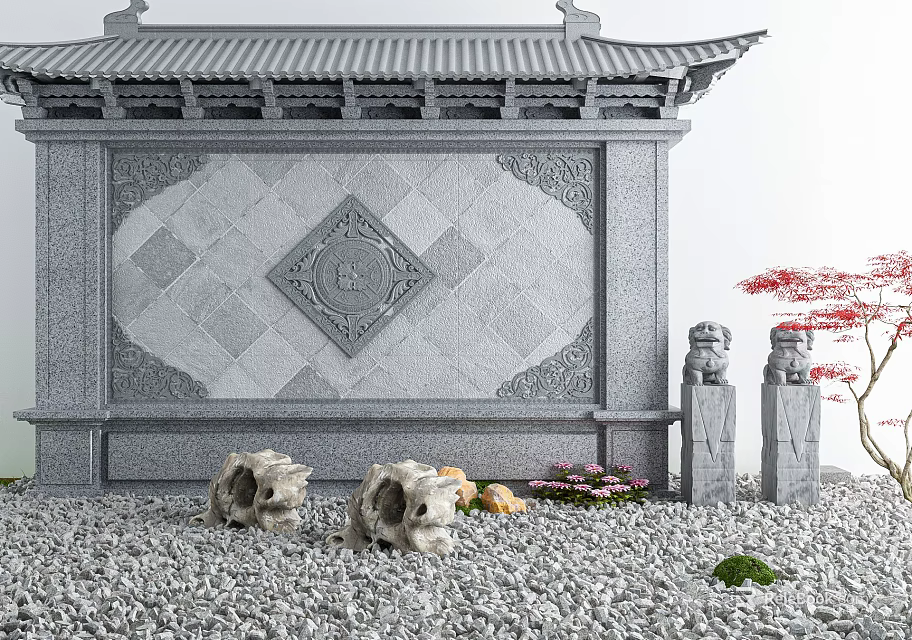 Chinese Stone Screen Wall with Diamond Pattern Circular Carving Flower Decorations Lions and Red Tree 3d model 