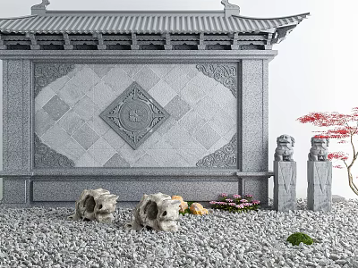Chinese Stone Screen Wall with Diamond Pattern Circular Carving Flower Decorations Lions and Red Tree 3d model