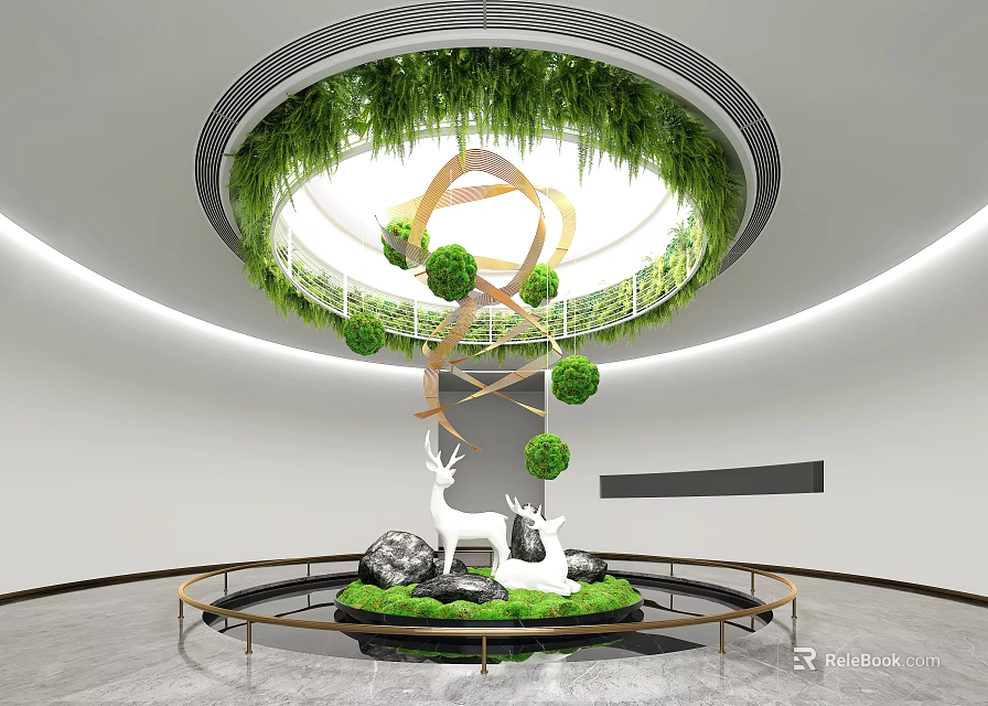 Modern Indoor Landscape With Circular Greenery Golden Geometric Structure Green Spherical Plants And Deer Sculptures 3d model 