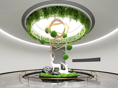 Modern Indoor Landscape With Circular Greenery Golden Geometric Structure Green Spherical Plants And Deer Sculptures 3d model