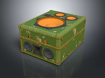 Vintage Green Square Electronic Device With Worn Out Appearance And Orange Circular Speakers 3d model
