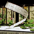 Ink Painting Style Art Installation With Scroll Lotus And Decorative Screens