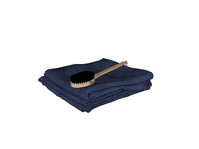 Stack of Dark Blue Towels with Black Brush Featuring Wooden Handle 3d model