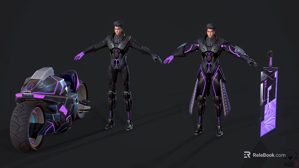 Futuristic Armored Characters With Purple Black Armor And Sci Fi Motorcycle 3d model 