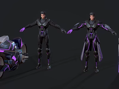 Futuristic Armored Characters With Purple Black Armor And Sci Fi Motorcycle 3d model
