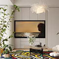 Modern Living Dining Room Interior Design With Sofa Colorful Rug Green Plants And Chandelier