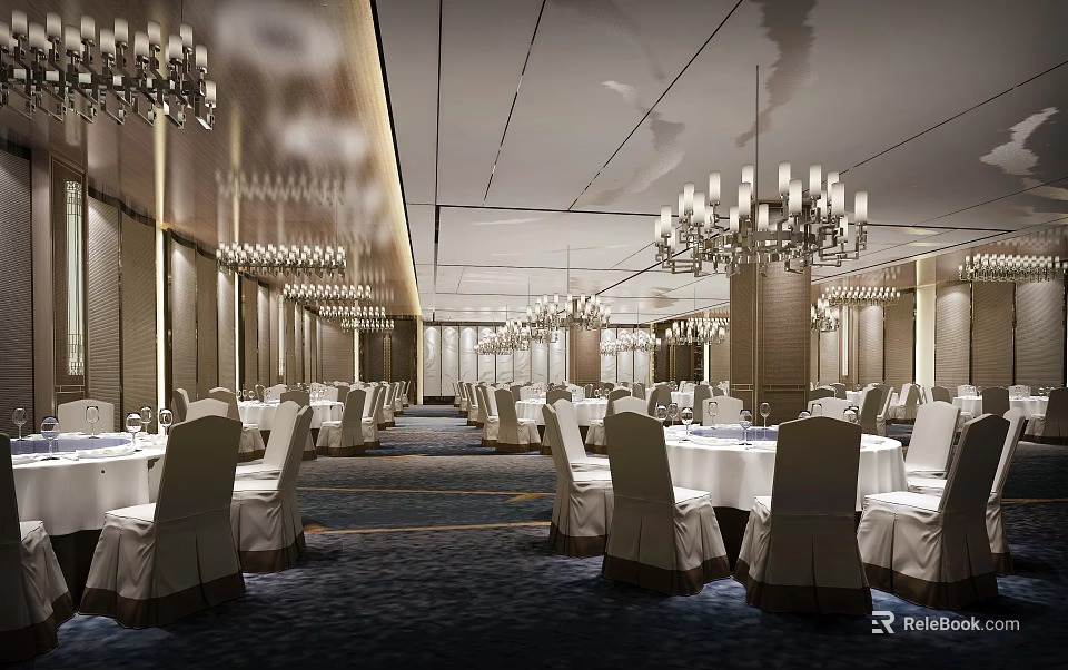Luxurious Banquet Hall Interior With Round Tables White Chair Covers And Crystal Chandeliers 3d model 