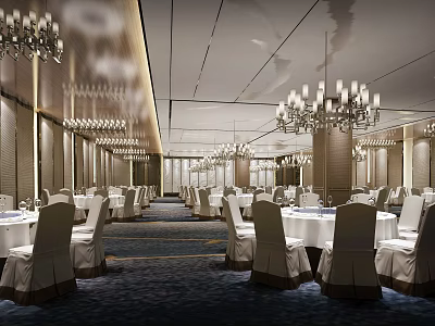 Luxurious Banquet Hall Interior With Round Tables White Chair Covers And Crystal Chandeliers 3d model