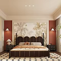 Tropical Themed Bedroom With Red Walls Plant Mural Dark Headboard White Wardrobes And Black White Checkered Rug