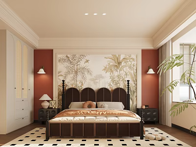 Tropical Themed Bedroom With Red Walls Plant Mural Dark Headboard White Wardrobes And Black White Checkered Rug 3d model