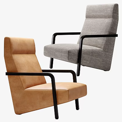 Modern Lounge Chairs With Tan Leather Gray Fabric And Black Metal Arms Frame Design 3d model
