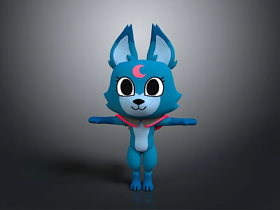 Blue Fox Like Cartoon Character With Big Eyes Red Moon Mark And Red Scarf 3d model