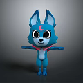 Blue Fox Like Cartoon Character With Big Eyes Red Moon Mark And Red Scarf