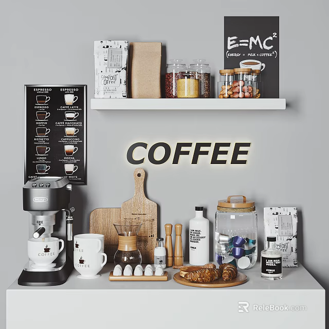Stylish Kitchenware Display With Coffee Machine Mugs Cutting Board Bread And Spice Jars 3d model 