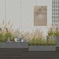 Modern Indoor Flower Planters With Dried Grasses Decorative Spherical Lights And Grid Wall Art