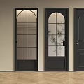 Three Black Hinged Doors with Different Glass and Solid Panel Designs on Beige Wall 3d model