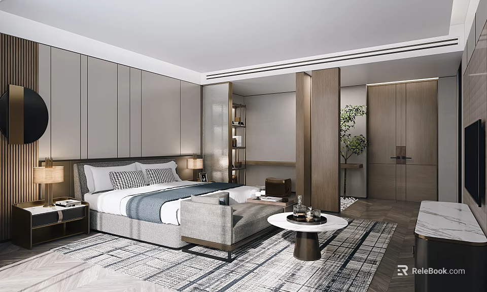 Elegant Modern Hotel Room Interior With King Bed Wooden Accents Green Plant And Area Rug 3d model 