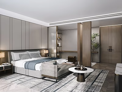 Elegant Modern Hotel Room Interior With King Bed Wooden Accents Green Plant And Area Rug 3d model