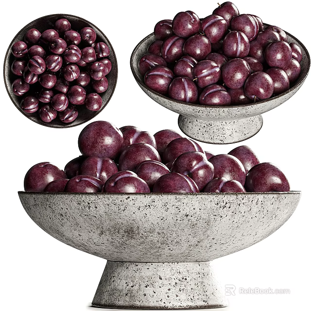 Abundant Dark Purple Plums in Light Gray Stone Bowls Looking Fresh and Ripe 3d model 