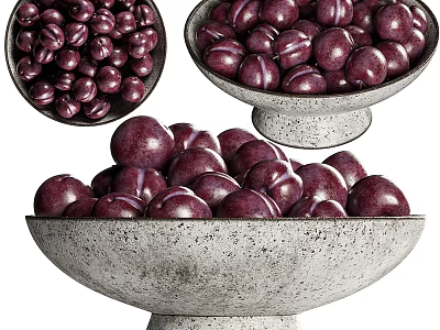 Abundant Dark Purple Plums in Light Gray Stone Bowls Looking Fresh and Ripe 3d model