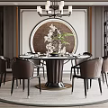 Elegant Restaurant Interior Featuring Round Dining Table Brown Chairs Circular Wall Decor And Chandelier