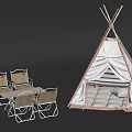 Outdoor Camping Tipi Tent With Beige And Pink Trim Foldable Chairs Table And Cushion Inside