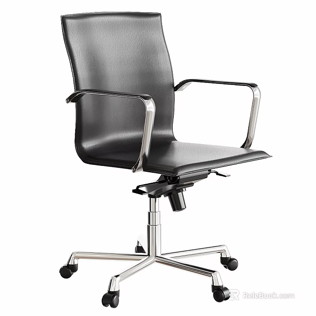 Modern Black Leather Office Chair with Metal Armrests Silver Base and Wheels 3d model 