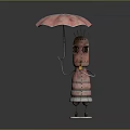 Cute Anthropomorphic Potato Character Standing Holding Pink Umbrella With Antennae And Striped Dress