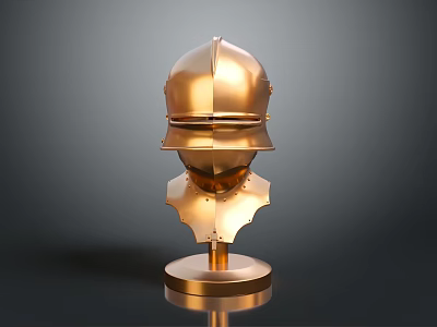 Golden Medieval Armor Helmet With Metallic Finish On Display Stand 3d model